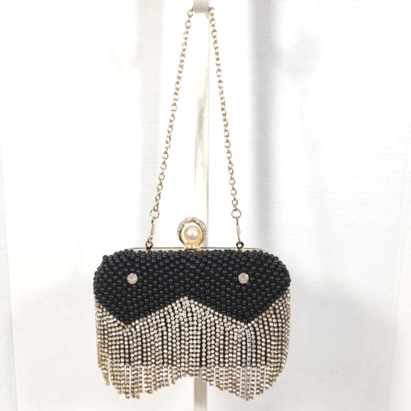 Mg collection mini embelished rhinestone studded fringe pearl evening clutch bag - Picture 1 of 8